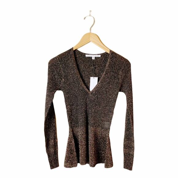 VERONICA BEARD Esmeralda Ribbed Sweater Black Metallic Peplum V-Neck Pullover XS - Picture 3 of 12